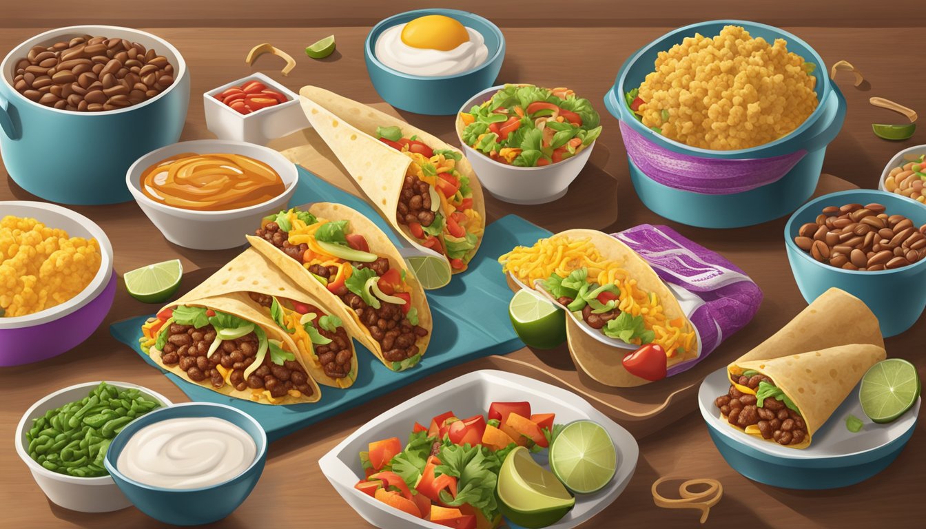 A breakfast table with a variety of Taco Bell items, including a grilled taco, surrounded by high-fiber ingredients like beans and vegetables