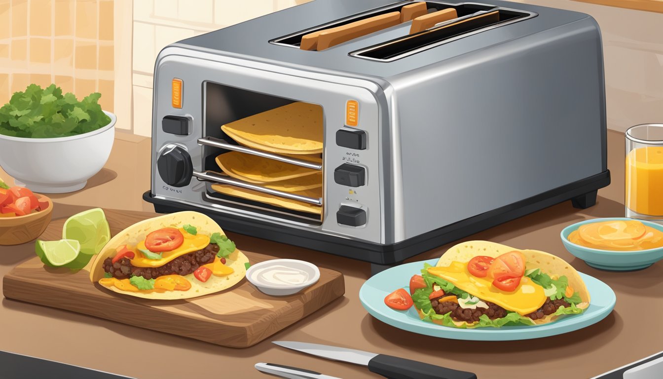 A breakfast taco being placed in a toaster, with the setting turned to double toast, surrounded by various ingredients and toppings