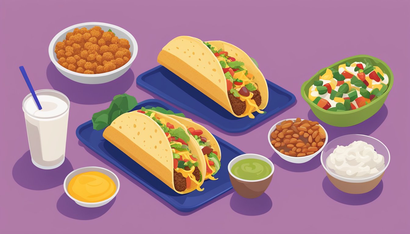 A colorful display of six Taco Bell breakfast items arranged on a table, with vibrant ingredients like eggs, beans, and vegetables, highlighting their high fiber content