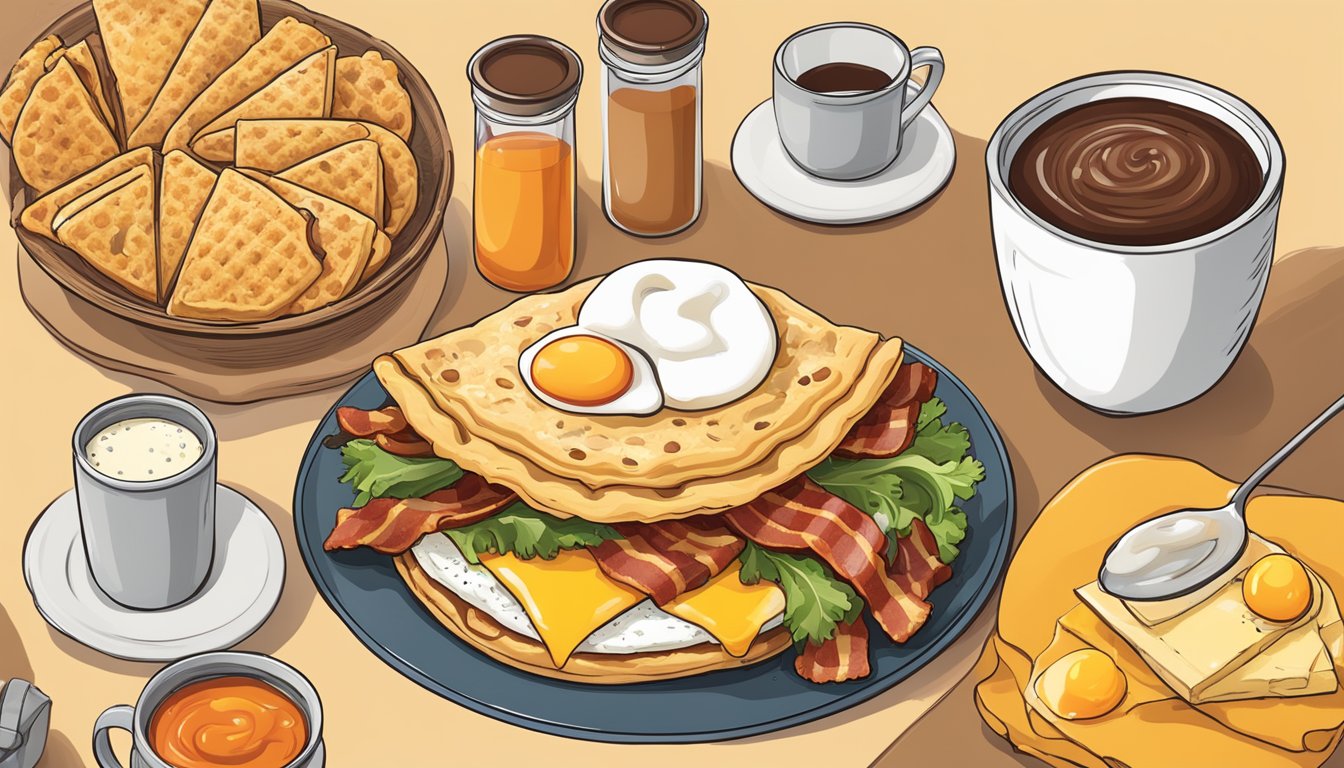 A biscuit taco shell surrounded by various breakfast ingredients like eggs, bacon, sausage, and cheese, with a side of hot sauce and a cup of coffee