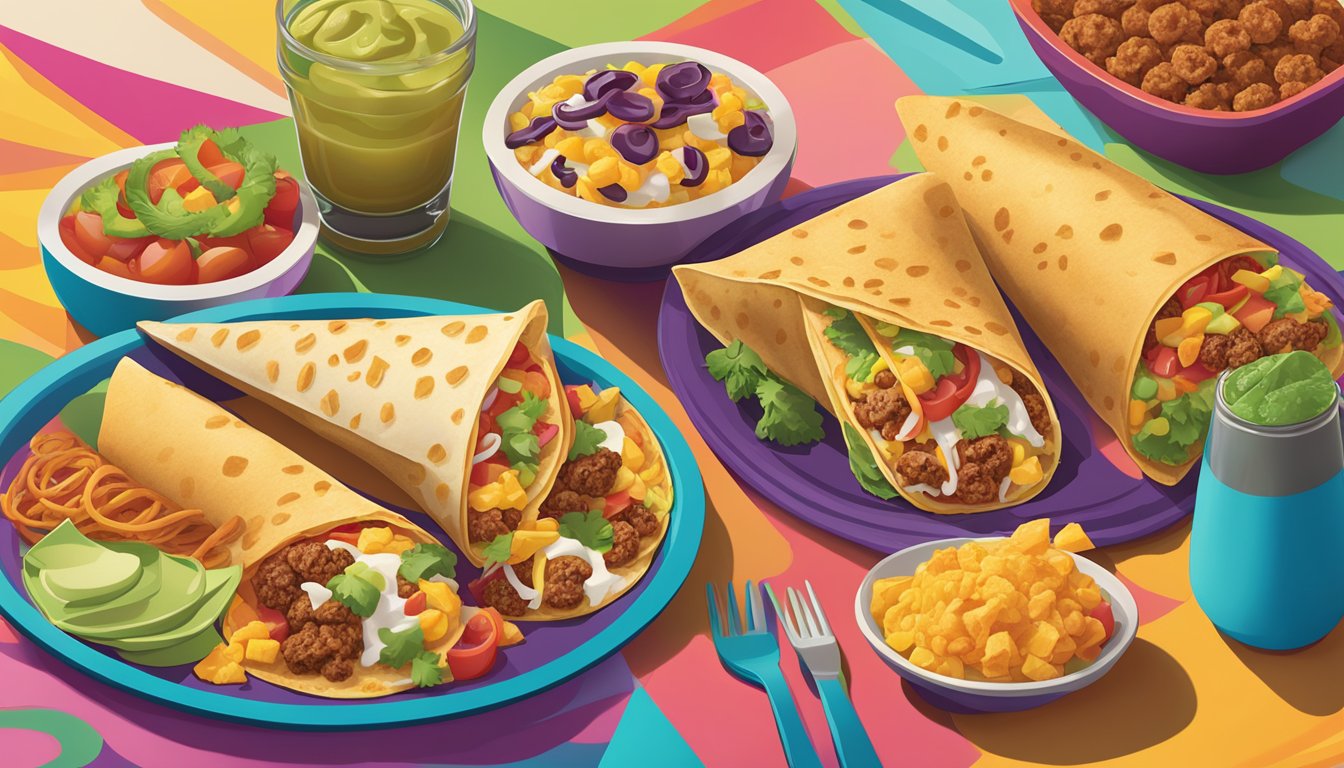 A colorful spread of high-fiber breakfast items from Taco Bell, including burritos, tacos, and wraps, arranged on a vibrant table setting