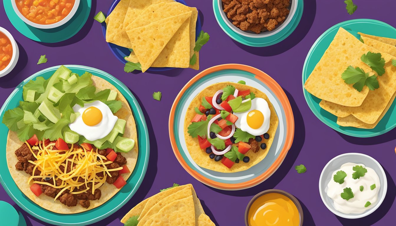 A colorful spread of keto-friendly Taco Bell breakfast items, including a Fiesta Taco Salad without the shell, arranged on a vibrant plate