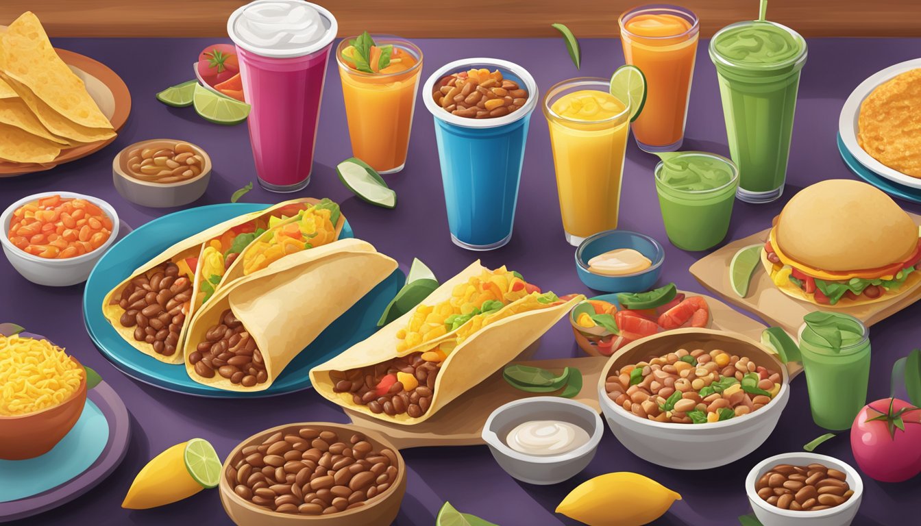 A colorful breakfast scene featuring a variety of taco bell breakfast items, with a focus on a delicious plate of cantina beans