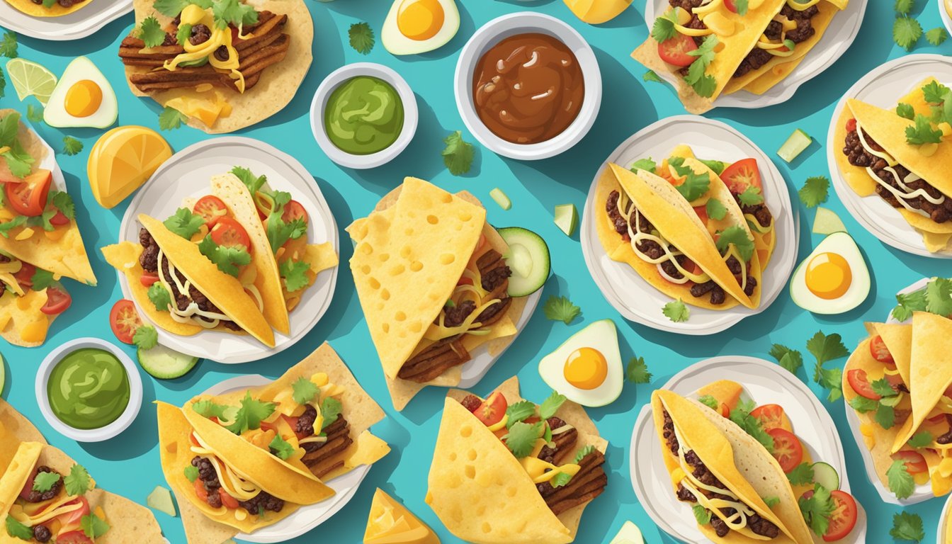 A plate of breakfast tacos with nacho cheese drizzled in various artistic patterns