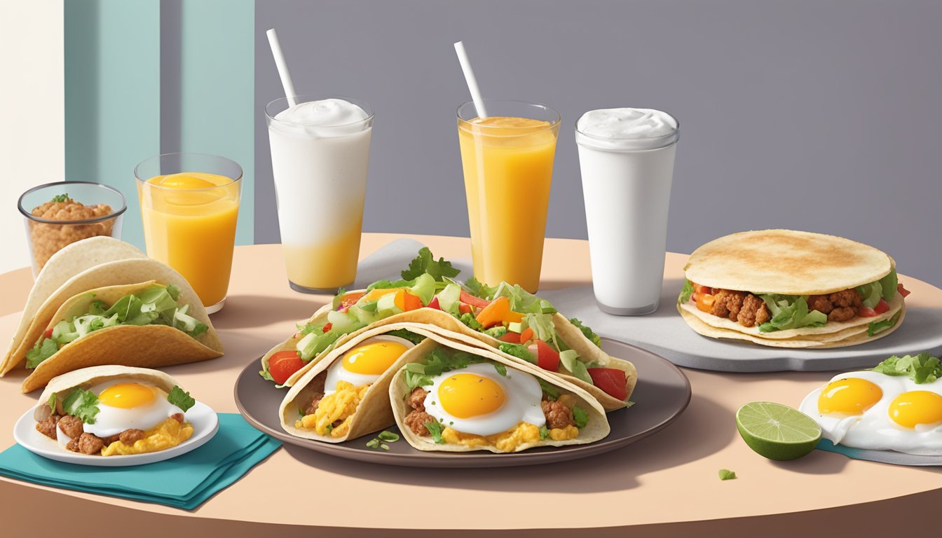 A colorful array of keto-friendly breakfast items from Taco Bell, including the Naked Egg Taco, arranged on a clean, modern table setting