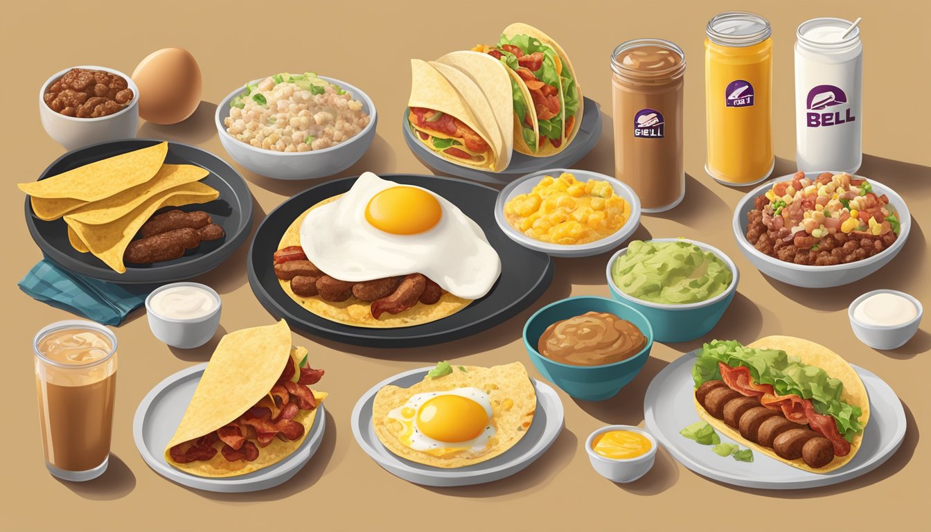 A variety of protein-rich ingredients arranged around a Taco Bell breakfast menu, with options like eggs, sausage, bacon, and steak