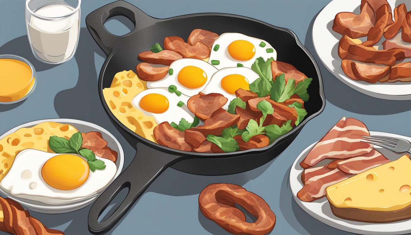 A colorful array of keto-friendly breakfast items arranged in a mini skillet bowl, including eggs, cheese, bacon, and sausage