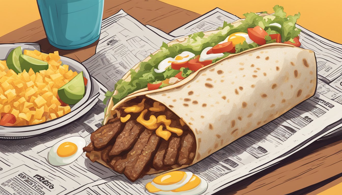 A sizzling steak and egg burrito surrounded by headlines from Taco Bell's breakfast menu