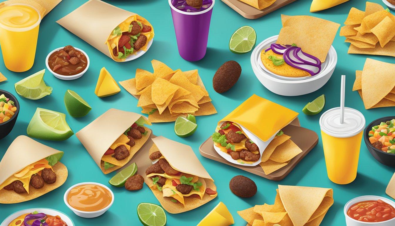 A colorful spread of breakfast items from Taco Bell, including grilled tacos, arranged in a visually appealing manner