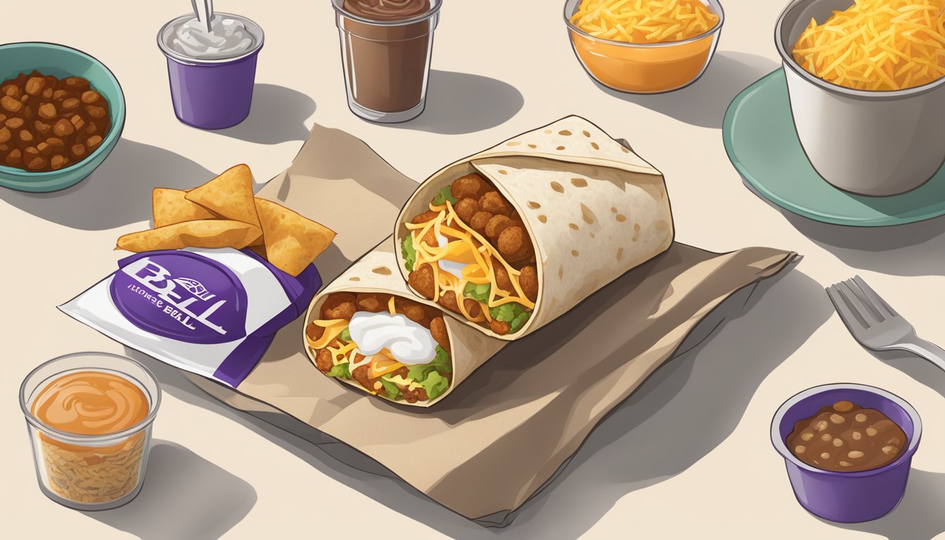 A breakfast burrito filled with hash browns and wrapped in a toasted tortilla, surrounded by various gluten-free Taco Bell breakfast items