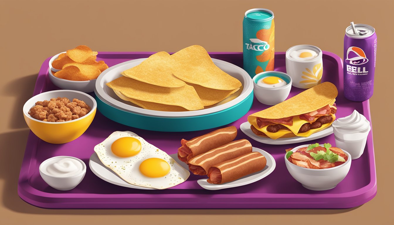 A colorful array of keto-friendly breakfast items from Taco Bell, including eggs, bacon, and sausage, arranged on a vibrant tray