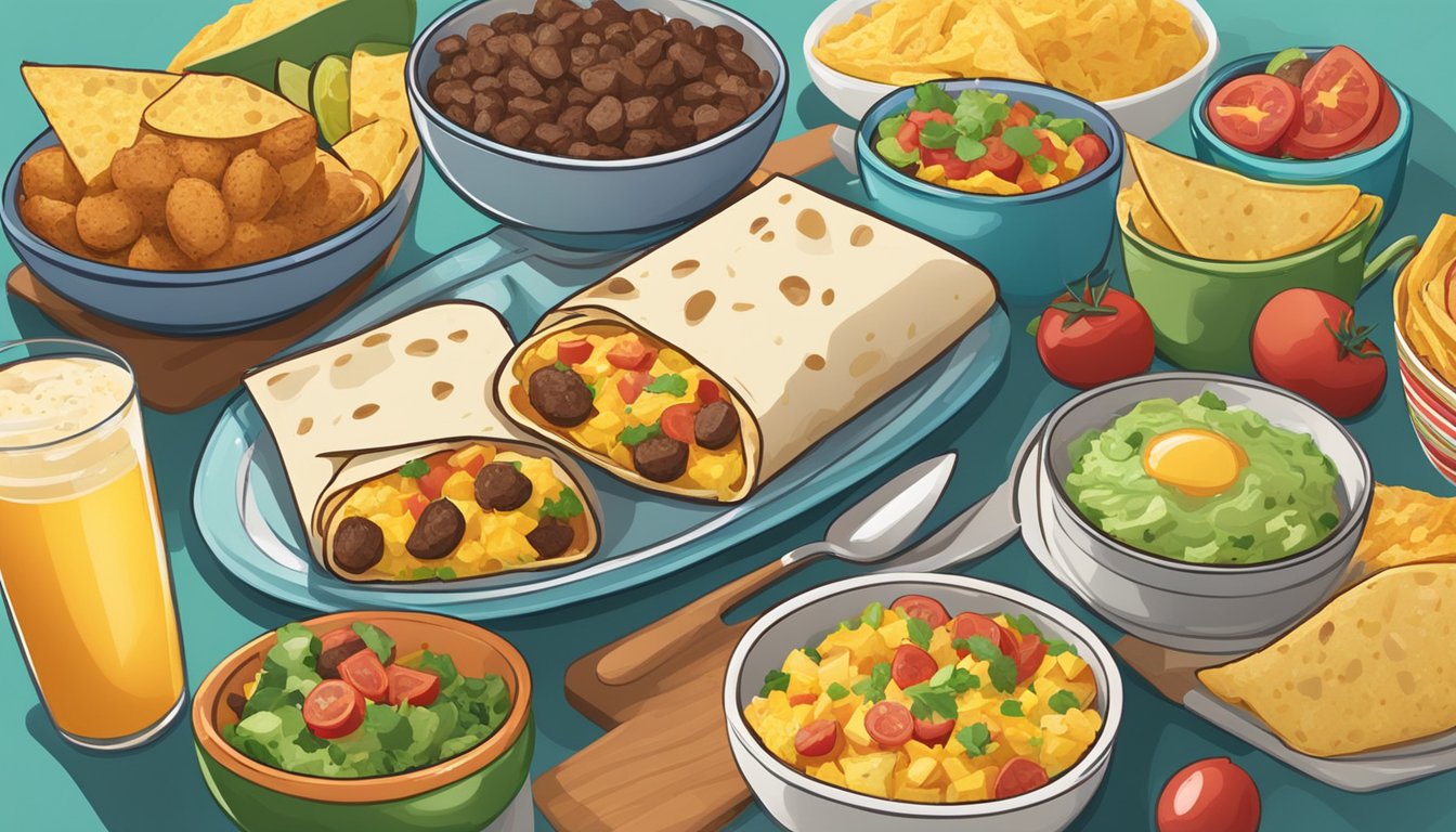 A colorful spread of breakfast burritos, potatoes, and tacos on a festive table setting