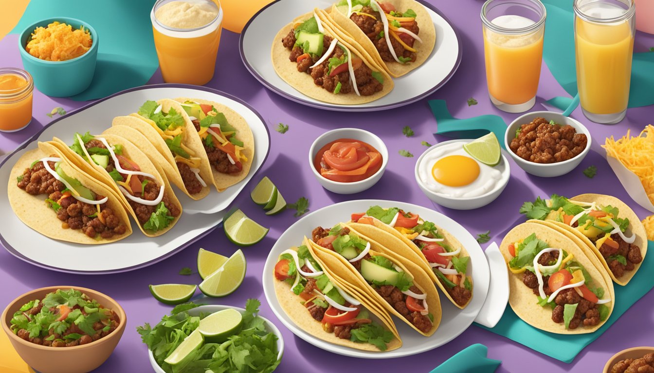 A colorful table spread with a variety of gluten-free breakfast soft tacos from Taco Bell, arranged neatly on plates and surrounded by fresh ingredients