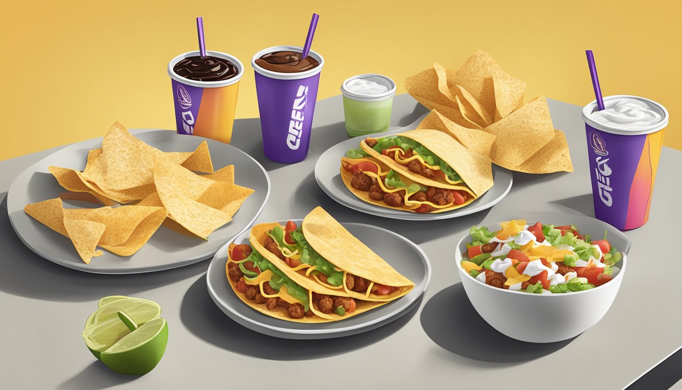 A colorful breakfast spread with seven gluten-free Taco Bell items arranged on a table