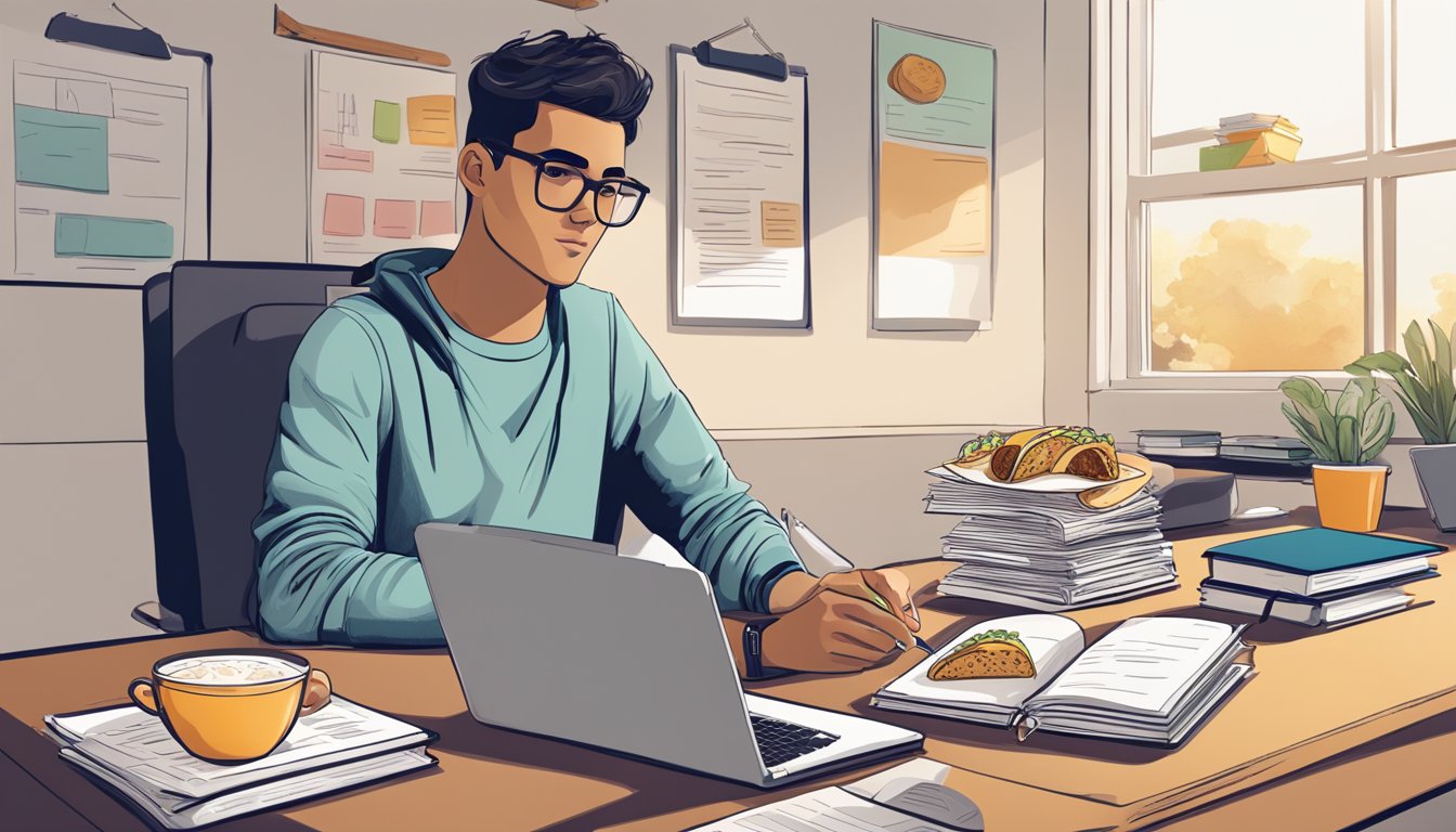 A college student sitting at a desk with a Taco Bell breakfast spread, surrounded by textbooks and notes. A laptop is open, and the student looks focused and content