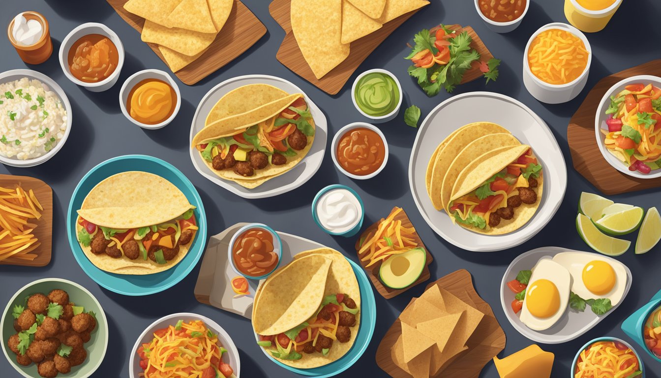 A colorful spread of gluten-free Taco Bell breakfast items arranged on a table, including tacos, burritos, and hash browns, with a warm, inviting glow