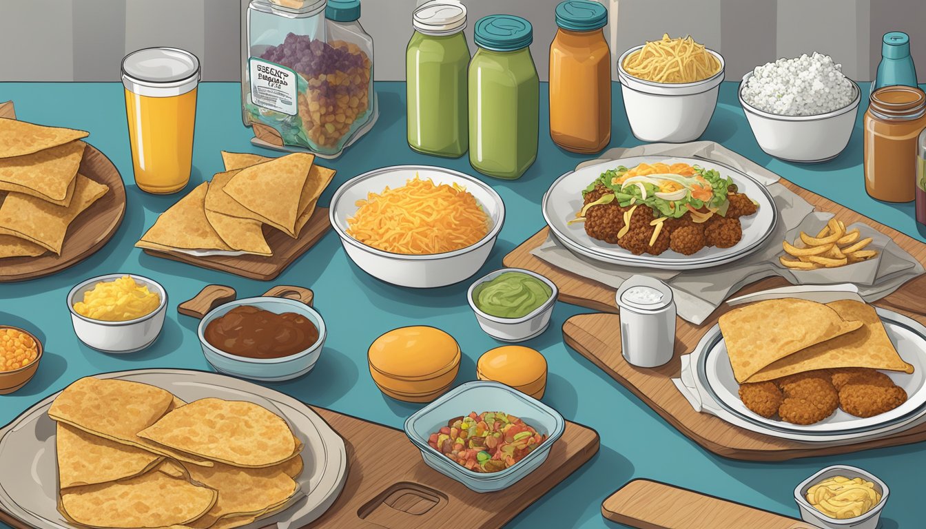 A kitchen counter with various Taco Bell breakfast items laid out, including tacos, burritos, and hash browns. Separate containers of gluten-free ingredients are also present to illustrate cross-contamination concerns