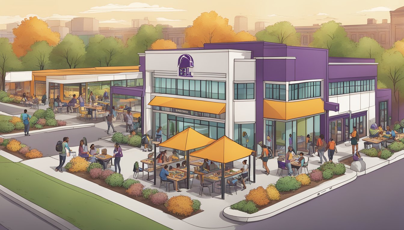 A bustling college campus with students enjoying customizable breakfast tacos from Taco Bell's menu