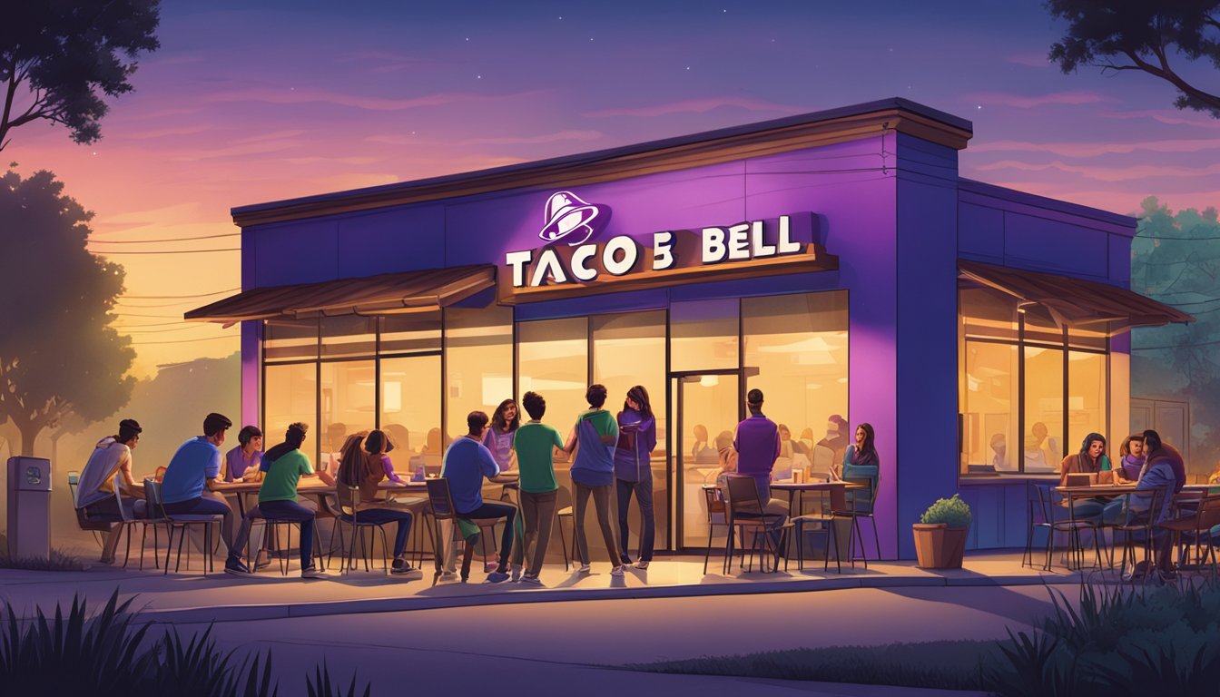 A group of college students huddled around a Taco Bell, enjoying breakfast items under the glow of the late-night sign