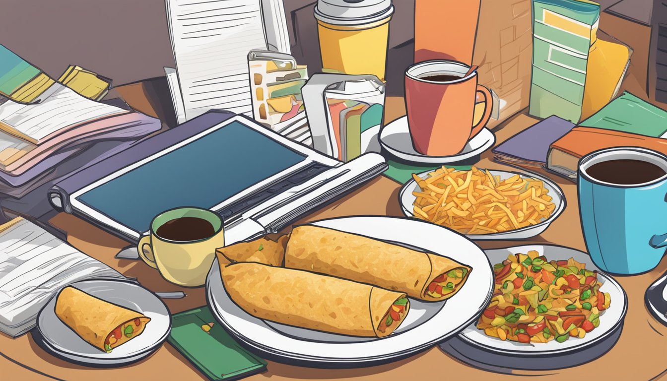 A colorful spread of breakfast burritos, hash browns, and coffee on a dorm room desk, with textbooks and a laptop in the background