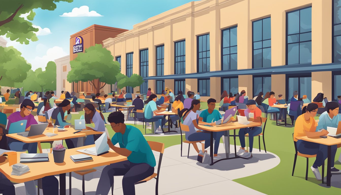 A bustling college campus with students enjoying Taco Bell breakfast items at outdoor tables, surrounded by textbooks and laptops