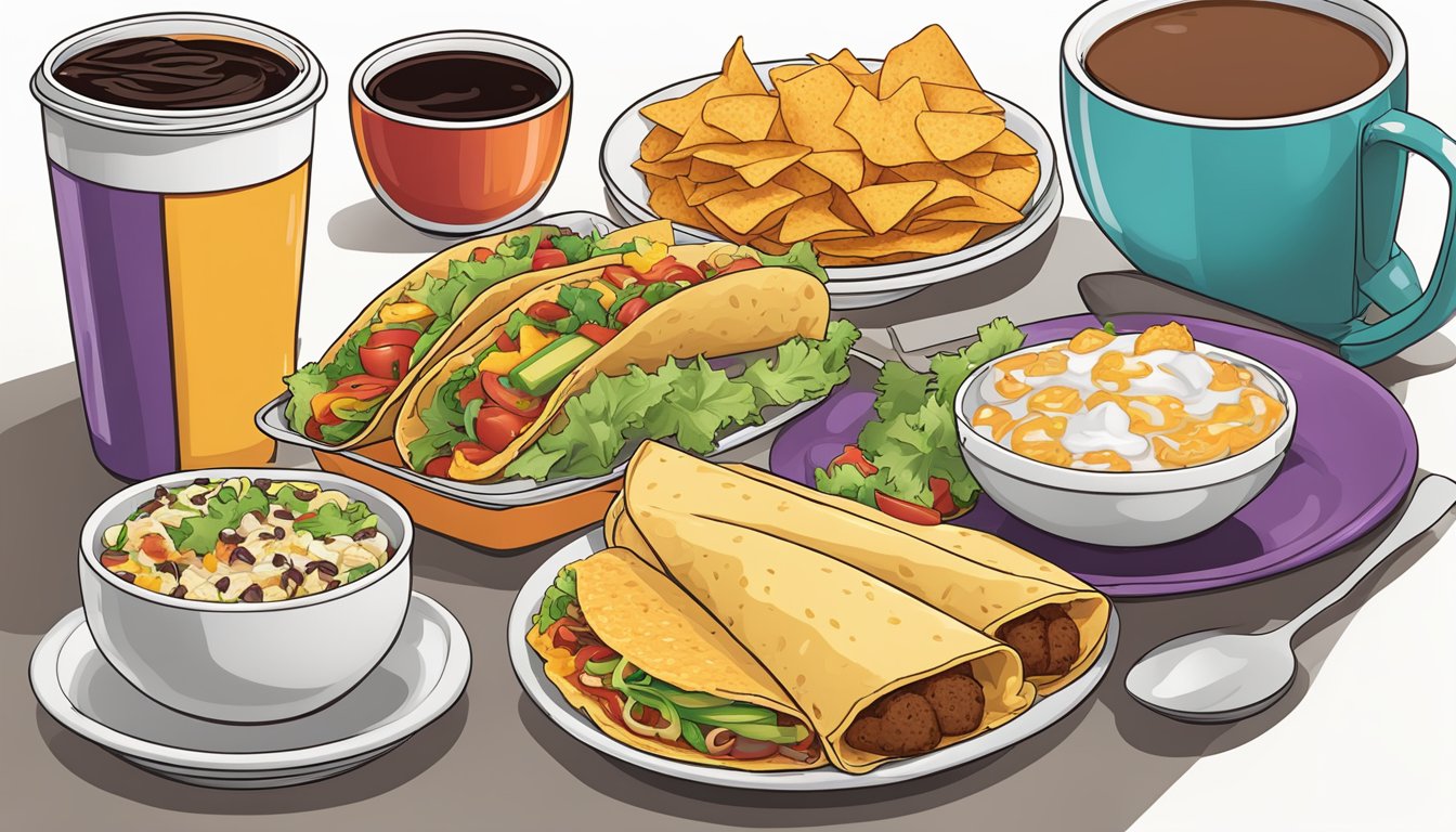 A colorful Taco Bell breakfast spread with a variety of items arranged on a table, including breakfast burritos, hash browns, and coffee