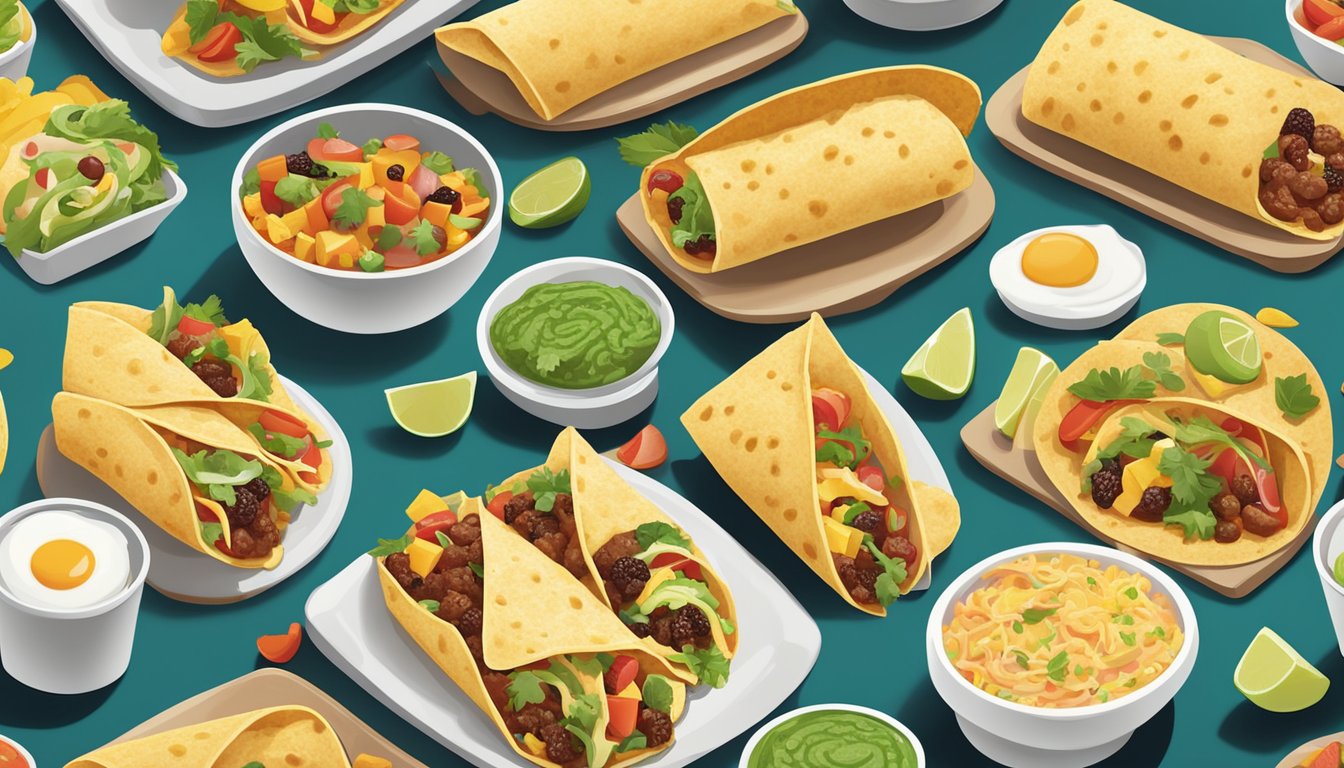 A colorful array of breakfast tacos and burritos, featuring unique flavor combinations and fresh ingredients, displayed on a modern, trendy table setting