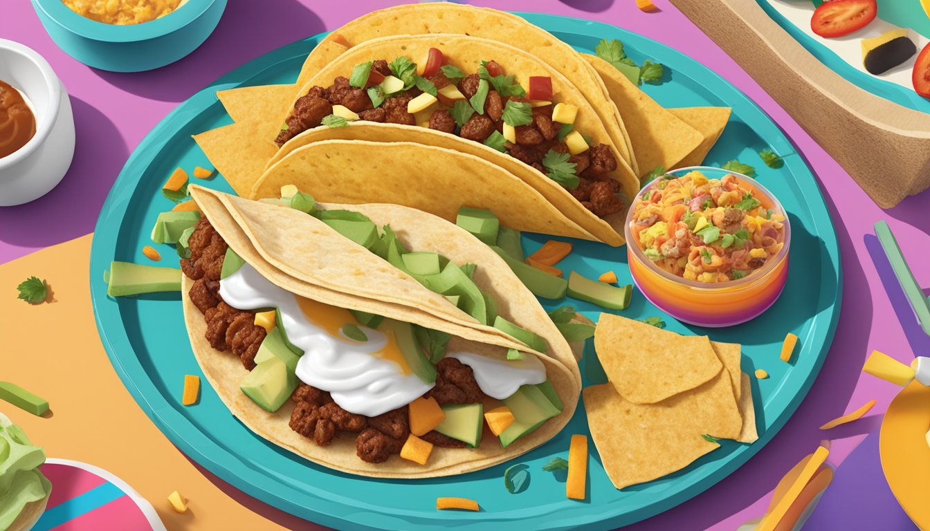 A loaded breakfast taco sits on a colorful plate surrounded by various Taco Bell breakfast items