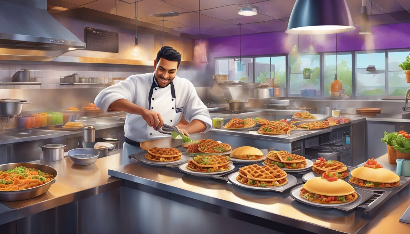 A chef prepares a variety of waffle taco dishes in a bustling Taco Bell kitchen, surrounded by sizzling griddles and colorful ingredients