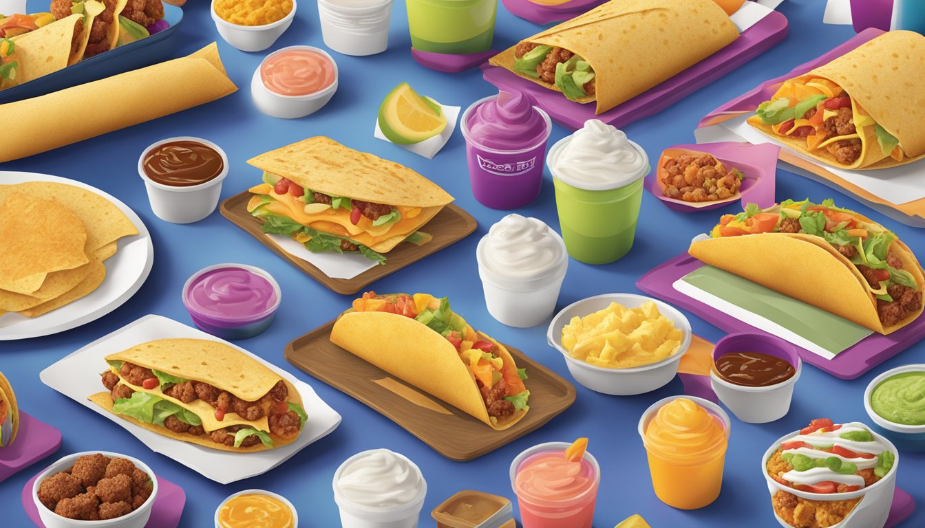 A colorful array of 12 Taco Bell breakfast items arranged in a visually appealing manner, with varying shapes and textures to convey customer satisfaction