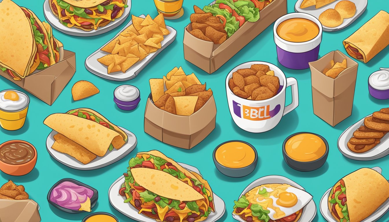 A colorful display of 12 Taco Bell breakfast items arranged in a ranking order, surrounded by satisfied customer emojis and positive feedback quotes