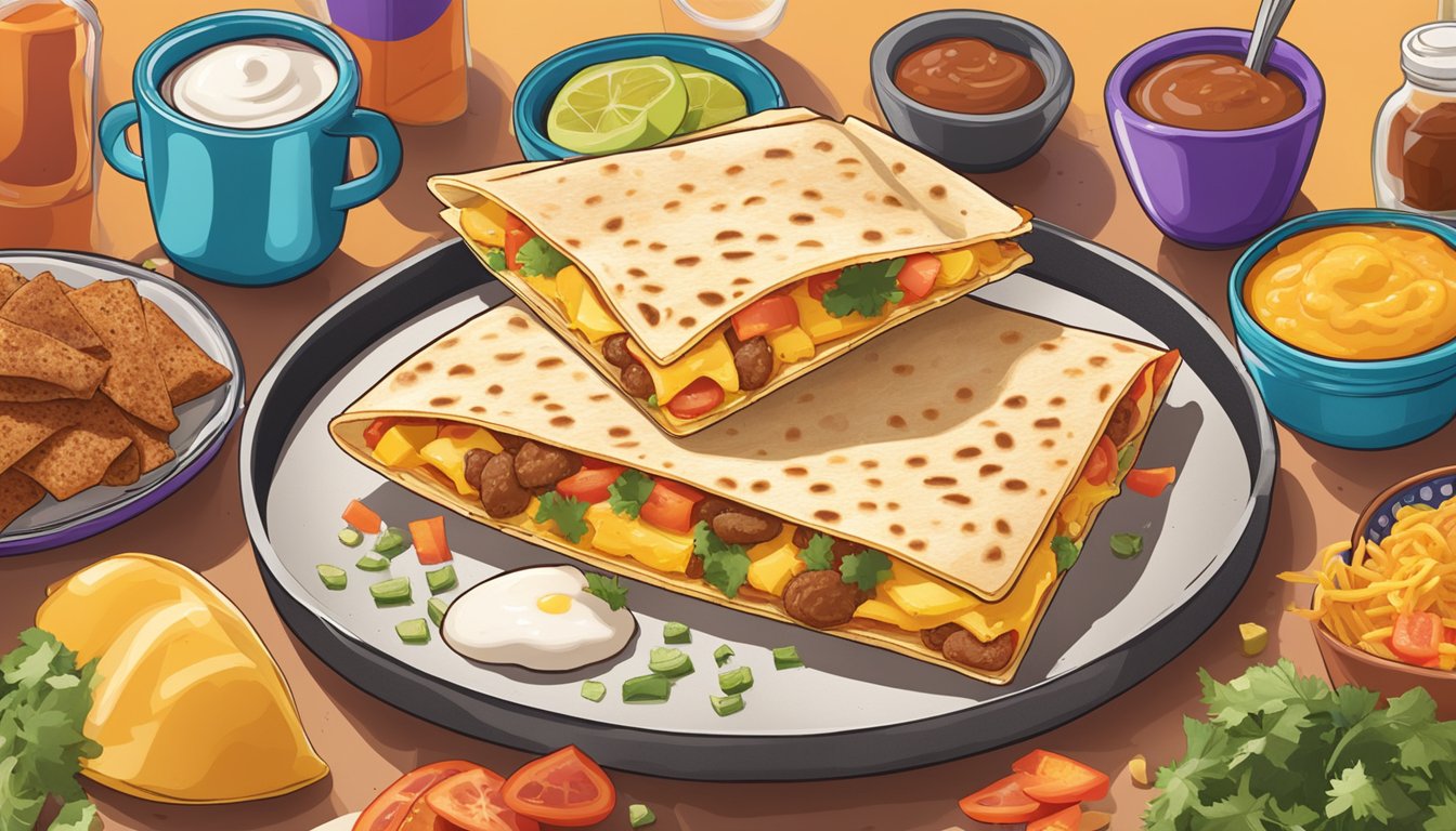 A sizzling breakfast quesadilla surrounded by various breakfast ingredients, with a Taco Bell logo in the background