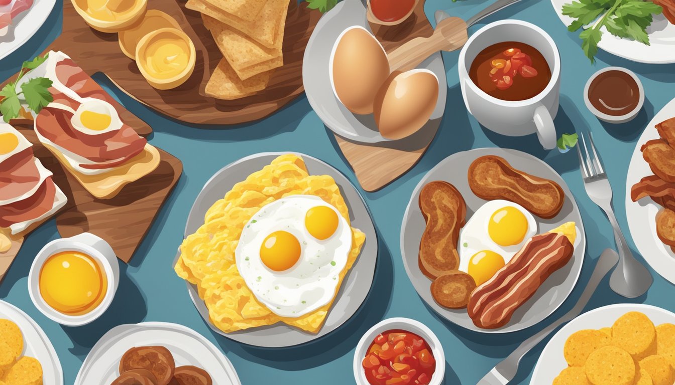 A colorful array of breakfast ingredients, including eggs, bacon, sausage, and salsa, arranged in a visually appealing manner on a table