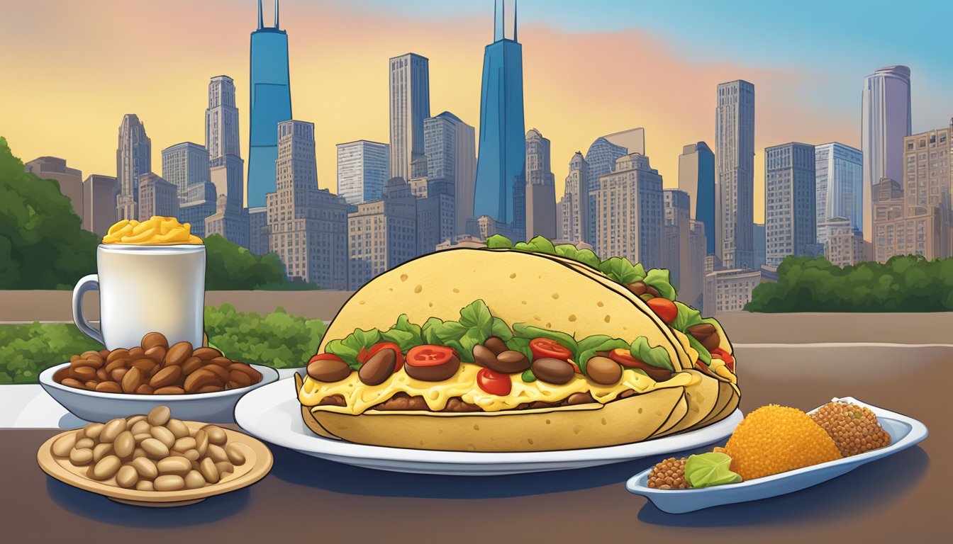 A colorful breakfast taco menu with various bean and cheese options, set against the backdrop of the iconic Chicago Bean sculpture