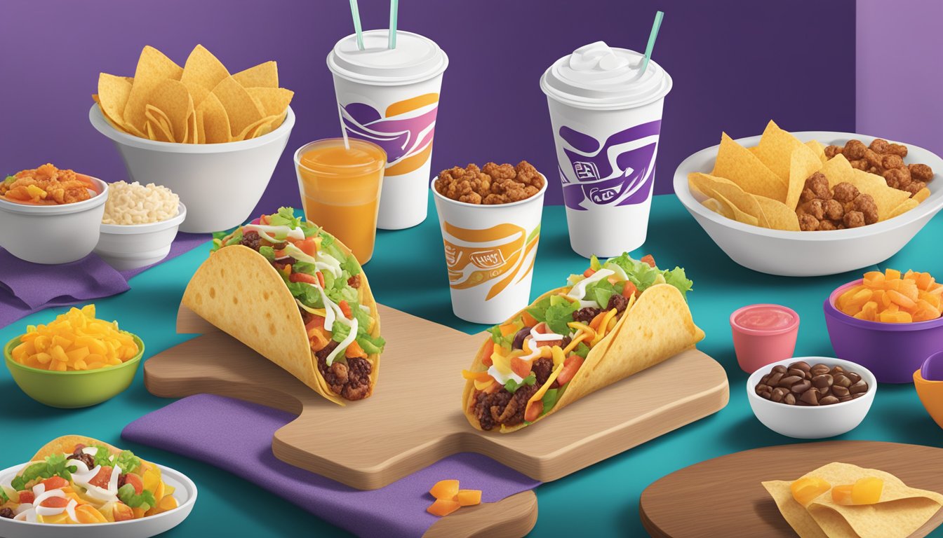 A table set with a variety of breakfast soft taco combos, surrounded by vibrant and inviting packaging, with the Taco Bell logo prominently displayed