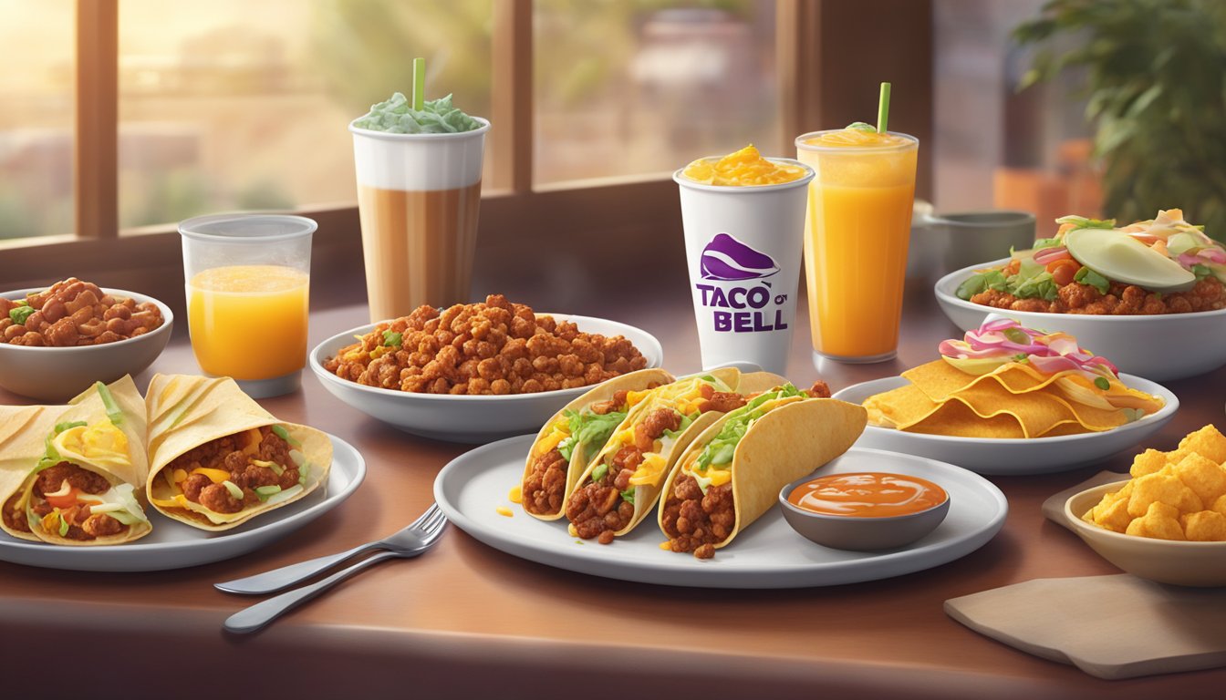 A colorful spread of Taco Bell breakfast items arranged on a table, with steam rising from the warm dishes and inviting aromas wafting through the air