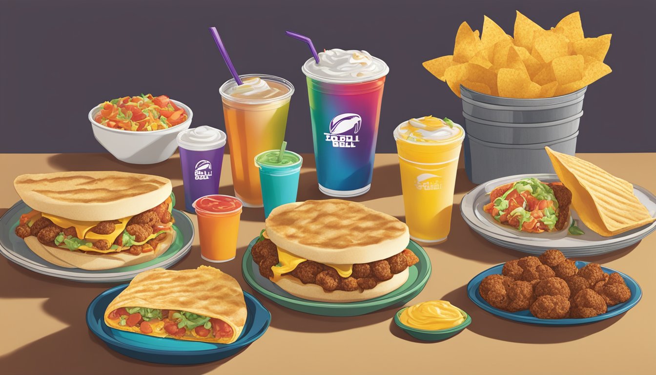 A colorful breakfast spread with 8 Taco Bell items arranged on a table, including the Grande Scrambler, ready to be enjoyed