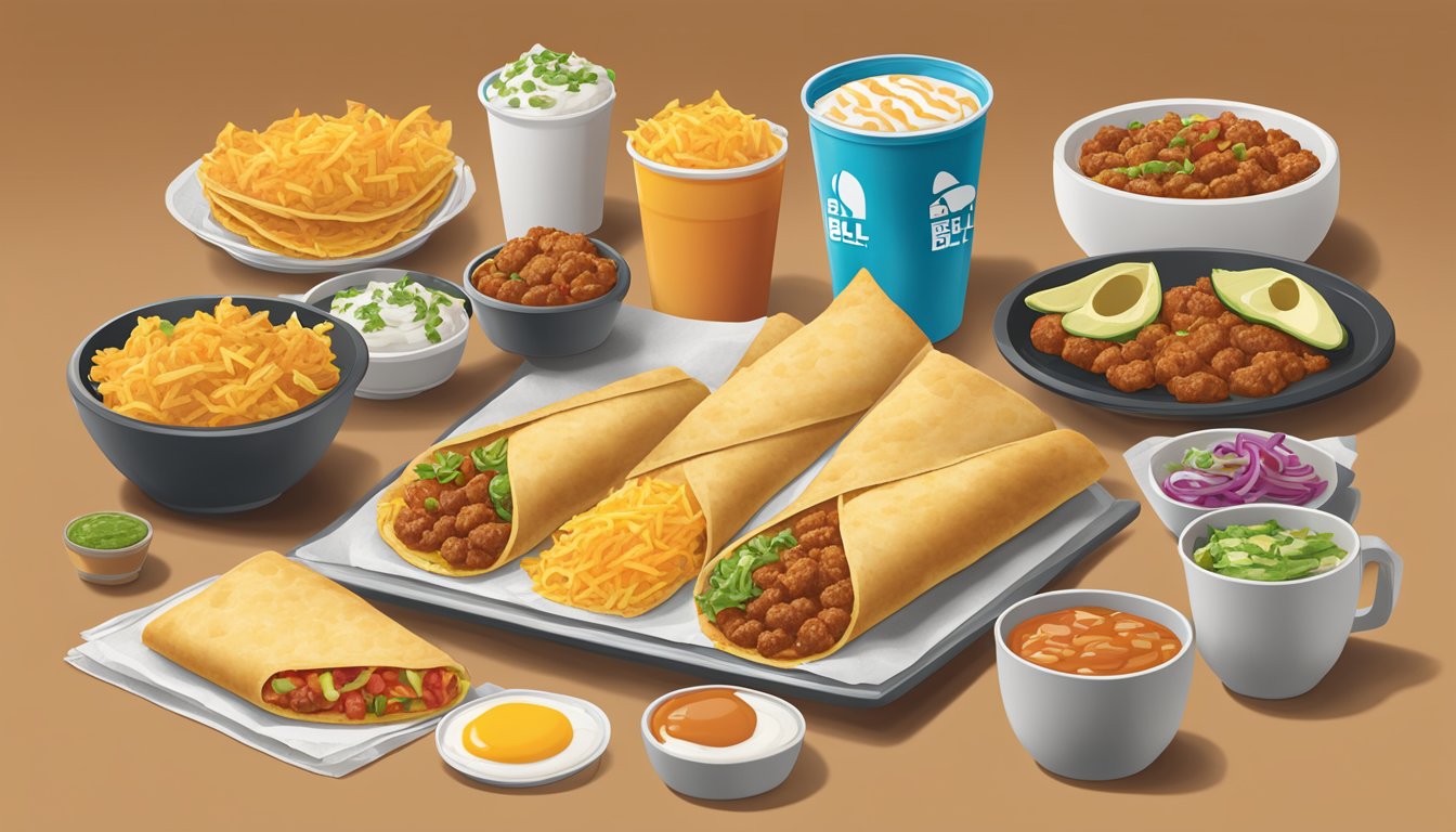 A colorful spread of Taco Bell breakfast items arranged on a table, including breakfast burritos, hash browns, and breakfast tacos, with steam rising from the hot food