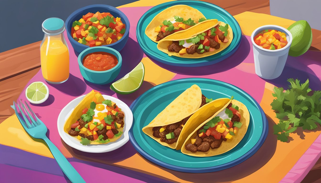 A steaming plate of breakfast tacos with a side of vibrant, chunky salsa, sitting on a colorful tray