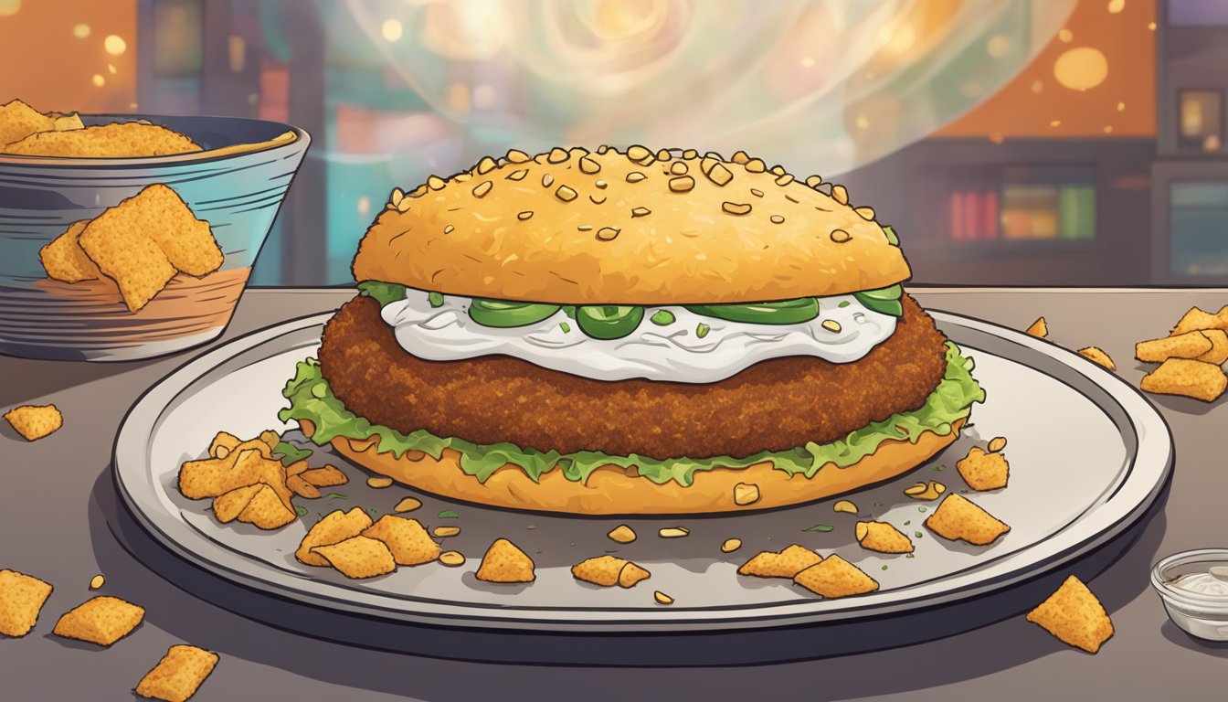 A giant hash brown sits on a plate, surrounded by a halo of mysterious seasoning. A Taco Bell logo looms in the background