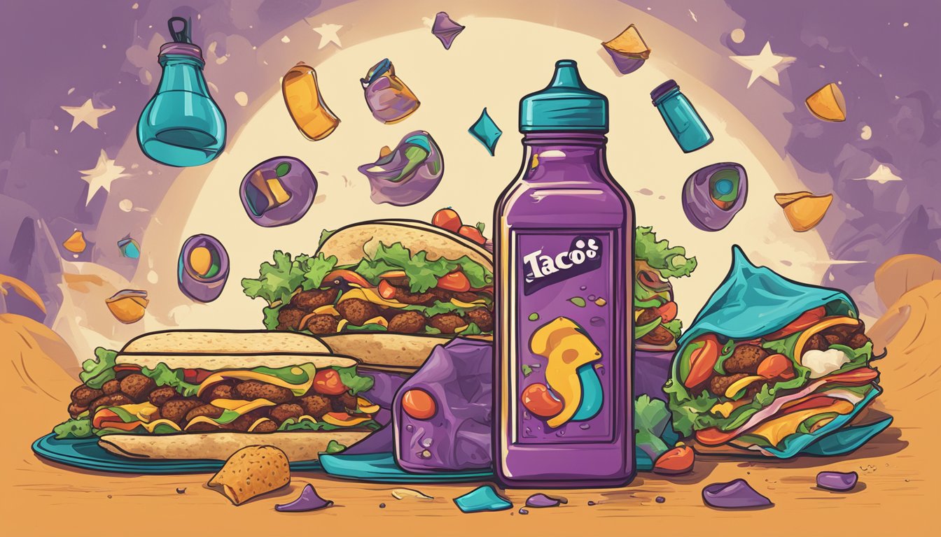 A steaming breakfast sauce bottle surrounded by mysterious symbols and a Taco Bell logo