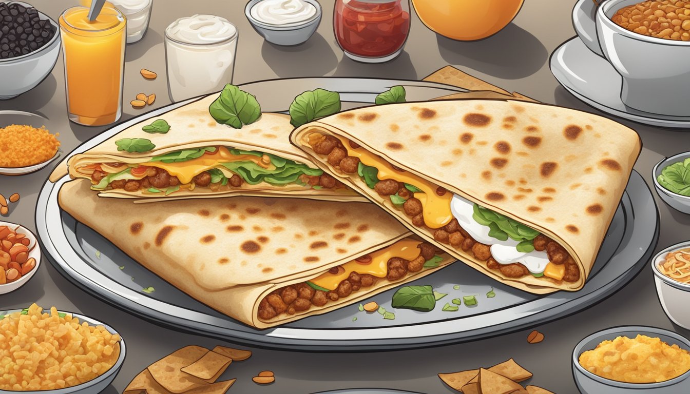 A steaming hot Crunchwrap sits on a plate surrounded by scattered ingredients, with a mysterious blend of breakfast fillings spilling out from the center