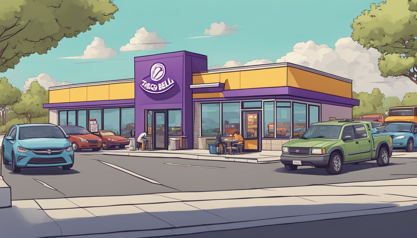 A Taco Bell store with a "Breakfast Unavailable" sign, surrounded by puzzled customers and a line of cars at the drive-thru