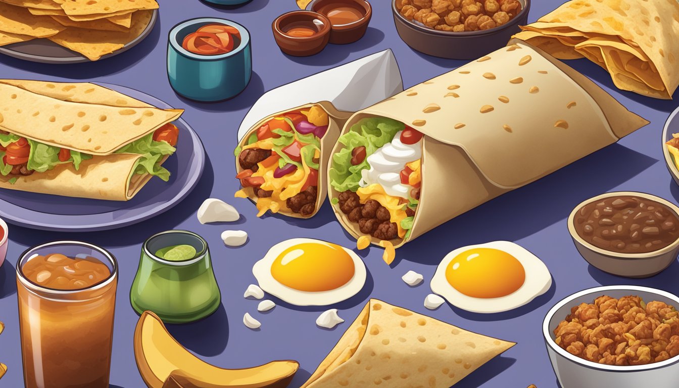 A breakfast burrito surrounded by various Taco Bell breakfast items, with a spotlight shining on it