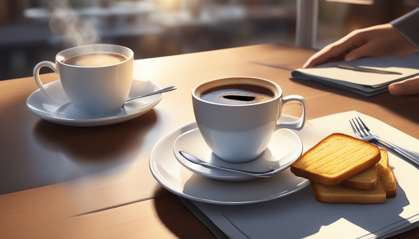 A steaming cup of coffee sits next to a breakfast menu, with the morning sunlight streaming through a window onto the table