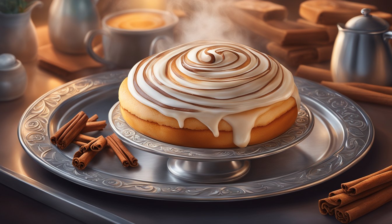 A steaming Cinnabon Delight sits on a silver platter, surrounded by swirling cinnamon sticks and a mysterious, glowing ingredient in a dimly lit kitchen