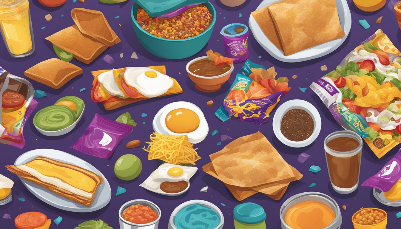 A colorful array of breakfast items surrounds a mysterious seasoning packet, with Taco Bell logos and vibrant packaging