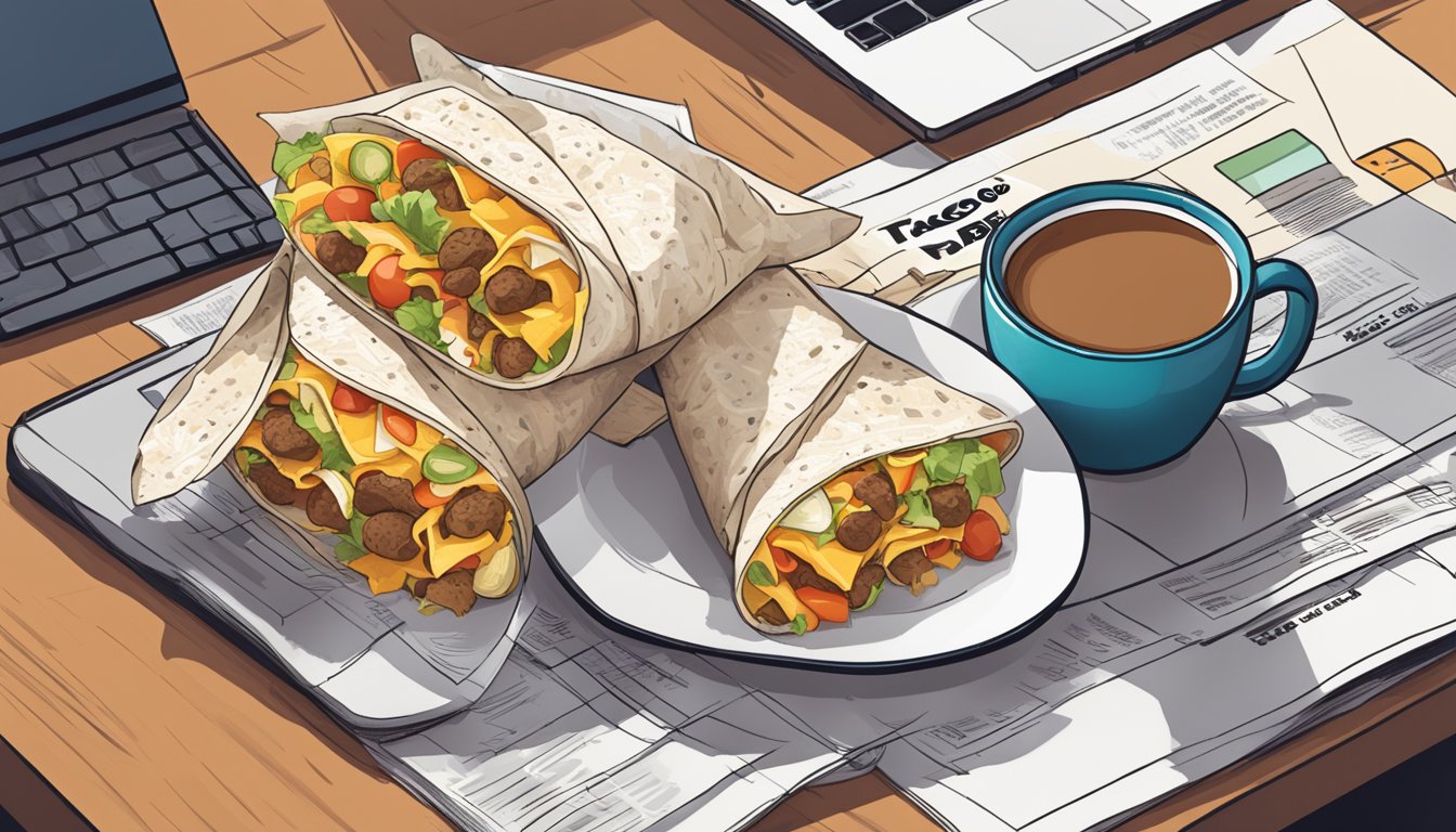 A steaming breakfast burrito and a cup of coffee sit on a table, surrounded by scattered newspapers and a laptop displaying the headline "Taco Bell Breakfast Fan Theories."