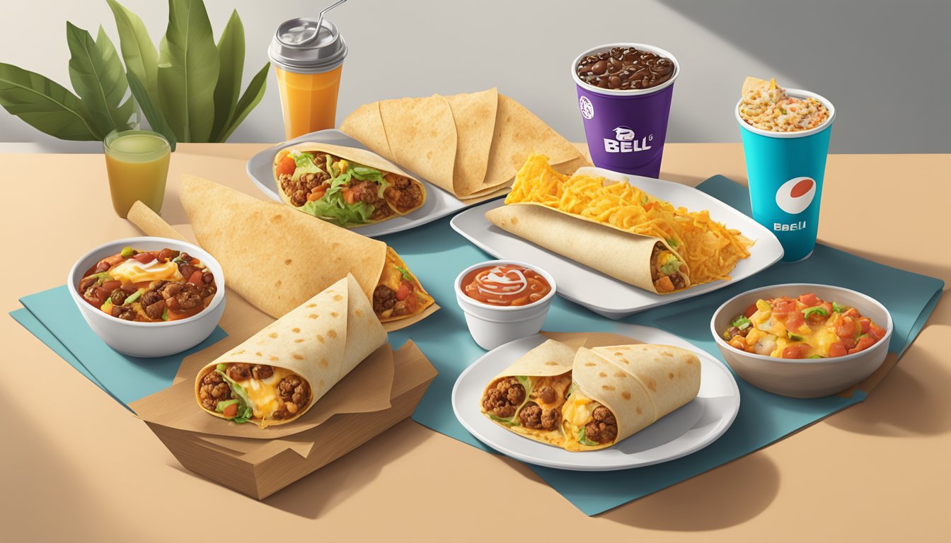 A sizzling grilled breakfast burrito surrounded by six Taco Bell breakfast items, all arranged on a clean, modern table setting