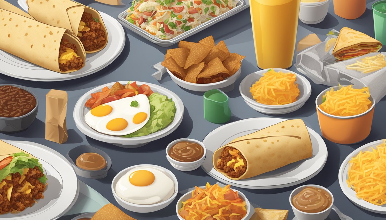 A breakfast burrito with hash browns, eggs, and cheese, surrounded by other Taco Bell breakfast items on a table